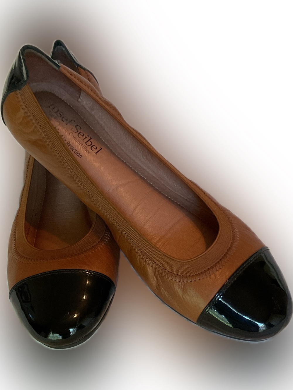 Josef Seibel Two-Tone Tan Leather Ballet Flats with Black Patent Cap Toe Size 8